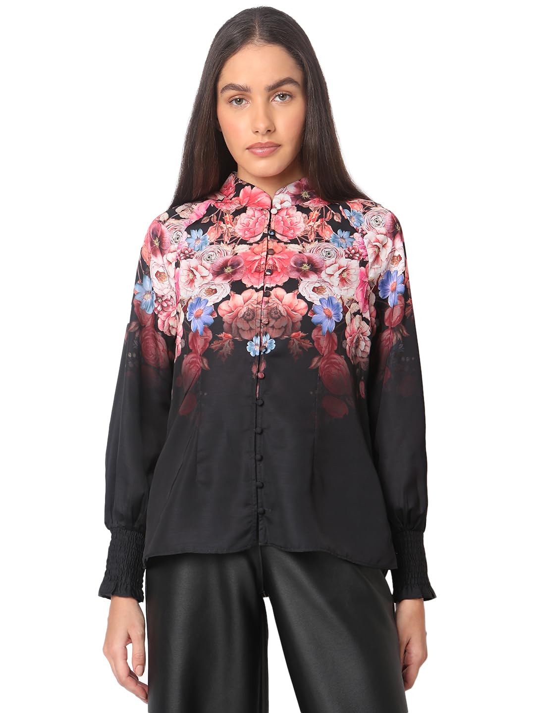 vero moda Women's Cotton Floral Print Regular Fit Blouson Top | Mandarin Collar | Bishop Sleeves Top for Women-picture-46