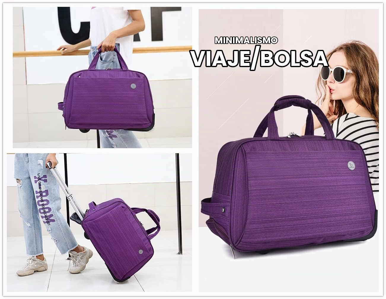 Bolsa de Viaje con 2 Ruedas, Bolsas de Equipaje para Viajes, Bolsa Plegable con Rodillos (Púrpura)