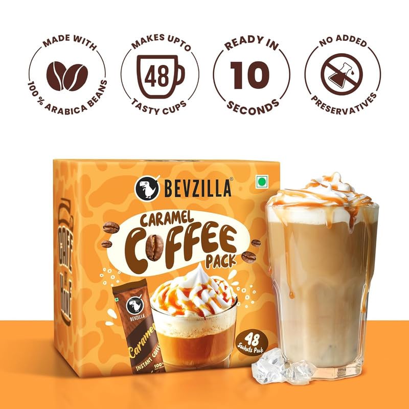 Image of Bevzilla 48 Instant Coffee Powder Sachets (Caramel) - 96 Grams | Makes 48 Cups| Arabica Coffee| Strong Coffee| Easy To Carry| Best For Espresso, Latte,Cappuccino | | Enjoy Hot & Cold (Pack of 2)