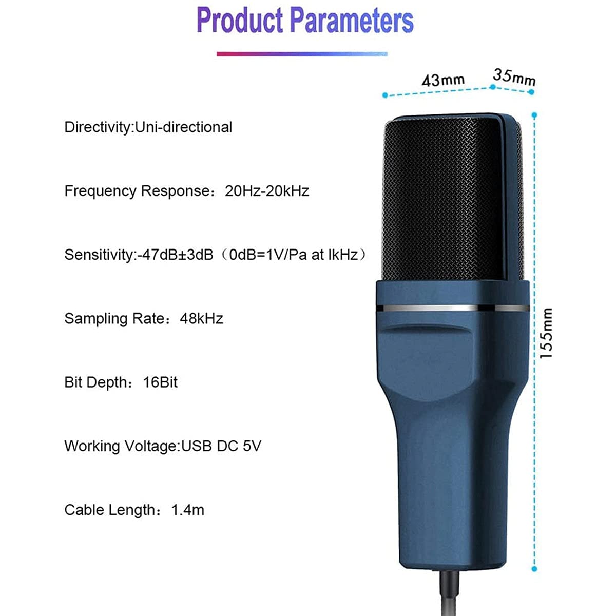 Mikrofon pojemnościowy USB, profesjonalny zestaw mikrofonów studyjnych, mikrofon do gier komputerowych z redukcją szumów (Blue)