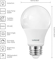 Vista 2 de Linkind - Bombillas LED A19 regulables, equivalente a 60 W, eficiente energéticamente 9 W, luz blanca cálida de 3000 Kelvin, 800 lúmenes, base