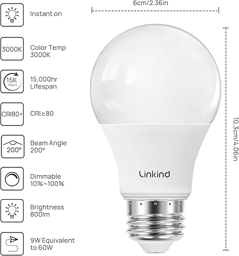 Vista 2 de Linkind - Bombillas LED A19 regulables, equivalente a 60 W, eficiente energéticamente 9 W, luz blanca cálida de 3000 Kelvin, 800 lúmenes, base