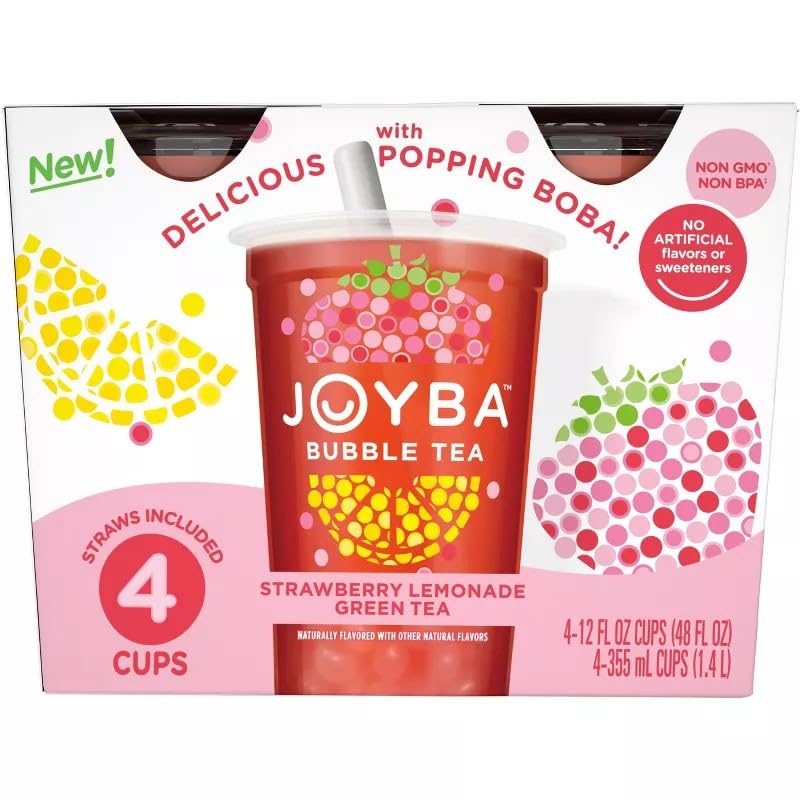 Joyba Strawberry Lemonade Green Tea Bubble Tea, 12 fl oz Cup (Pack of 4)