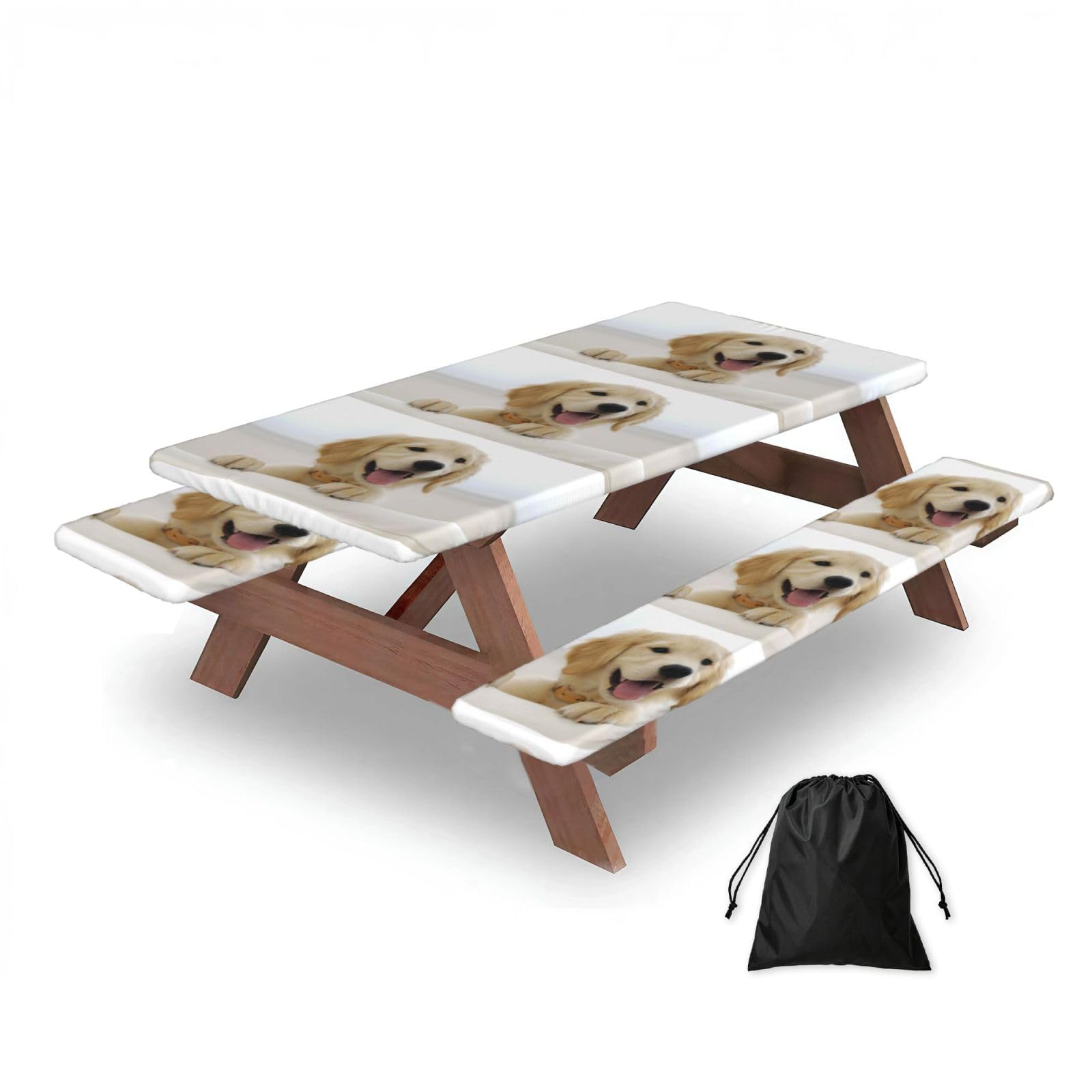 Dopklna As Picture A Golden Retriever, Picnic Table Cover With Bench Covers -Waterproof Elastic Fitted Tablecloth For Garden Camping Patio 76X152cm