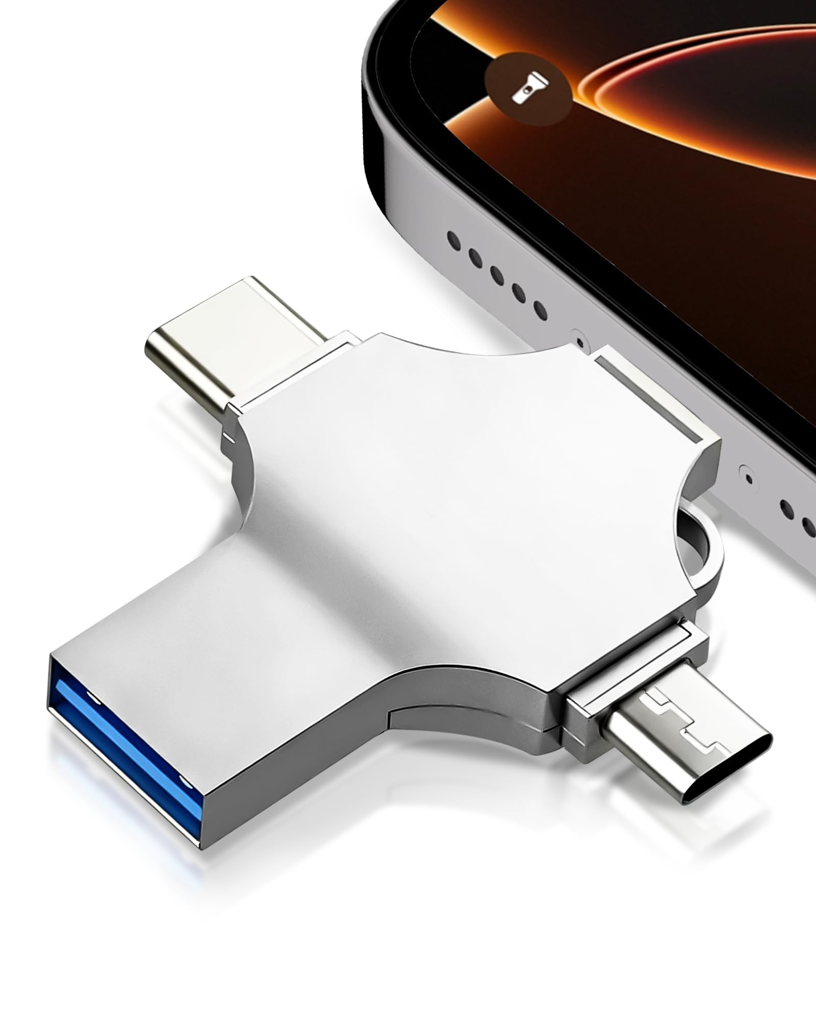 Ghekkli 128GB USB Stick für iPhone und Android - 4-in-1 Flash Laufwerk für Smartphone Tablet und PC - Externer Speicher zur Datensicherung von Fotos und Videos - Silber - 2