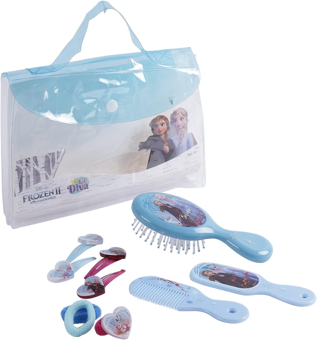 Lil DivaLi'l Diva Disney Frozen II Pack of 10-4 hairclips with Anna & Elsa charms, 3 Rubber bands, a comb, a brush & a mirror for Girls 3 years And Above