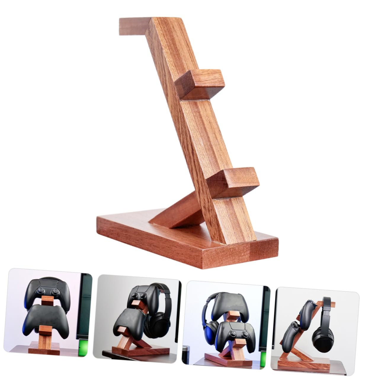 POPETPOP Supporto Design Semplice per Controller e Cuffie in Legno Marrone Organizer da Tavolo per Accessori Gaming per Area Intrattenimento