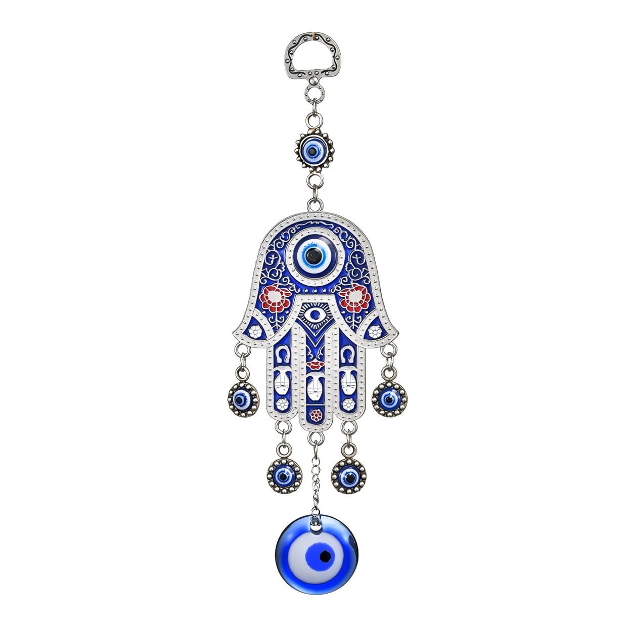 Belacasa 1Pc Fatima's - Blue Creative Handmade Evil Eye Fatima's Holy Hand And Horseshoe Evil Eye Talisman Pendant Decoration, Good Luck Charm, Office, Car Decoration, Blessing Ornament (1Pc Fatima's - Blue)