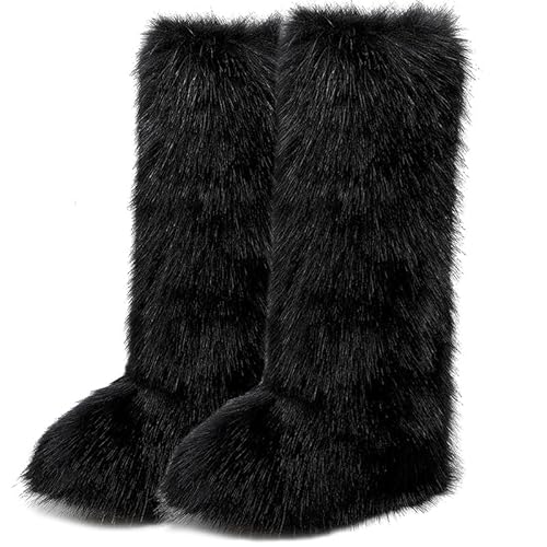 conmfotey Men Fur Boots Faux Fur Knee High Boots for Cold Weather Winter Warm Long Boot(black8.5)