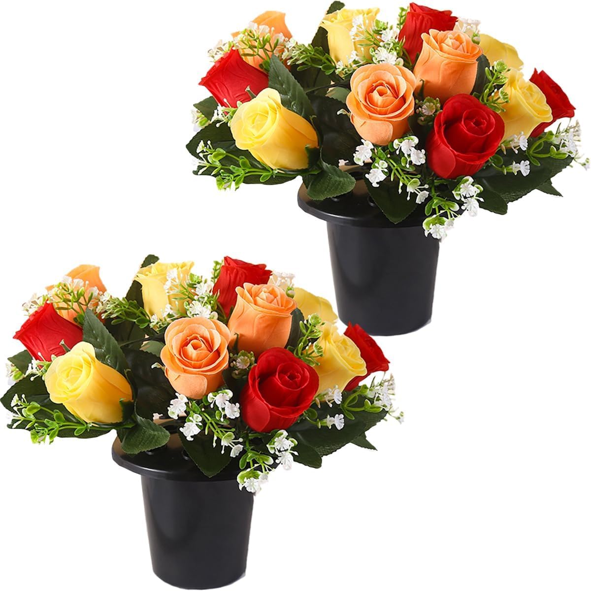 Juttauto Red 2Pcs Artificial Grave Flowers In Pot 12 Heads Faux Silk Rose Cemetery Flower Uv-Resistant Funeral Floral For Outdoor Memorial Graveside Christmas Home Decor