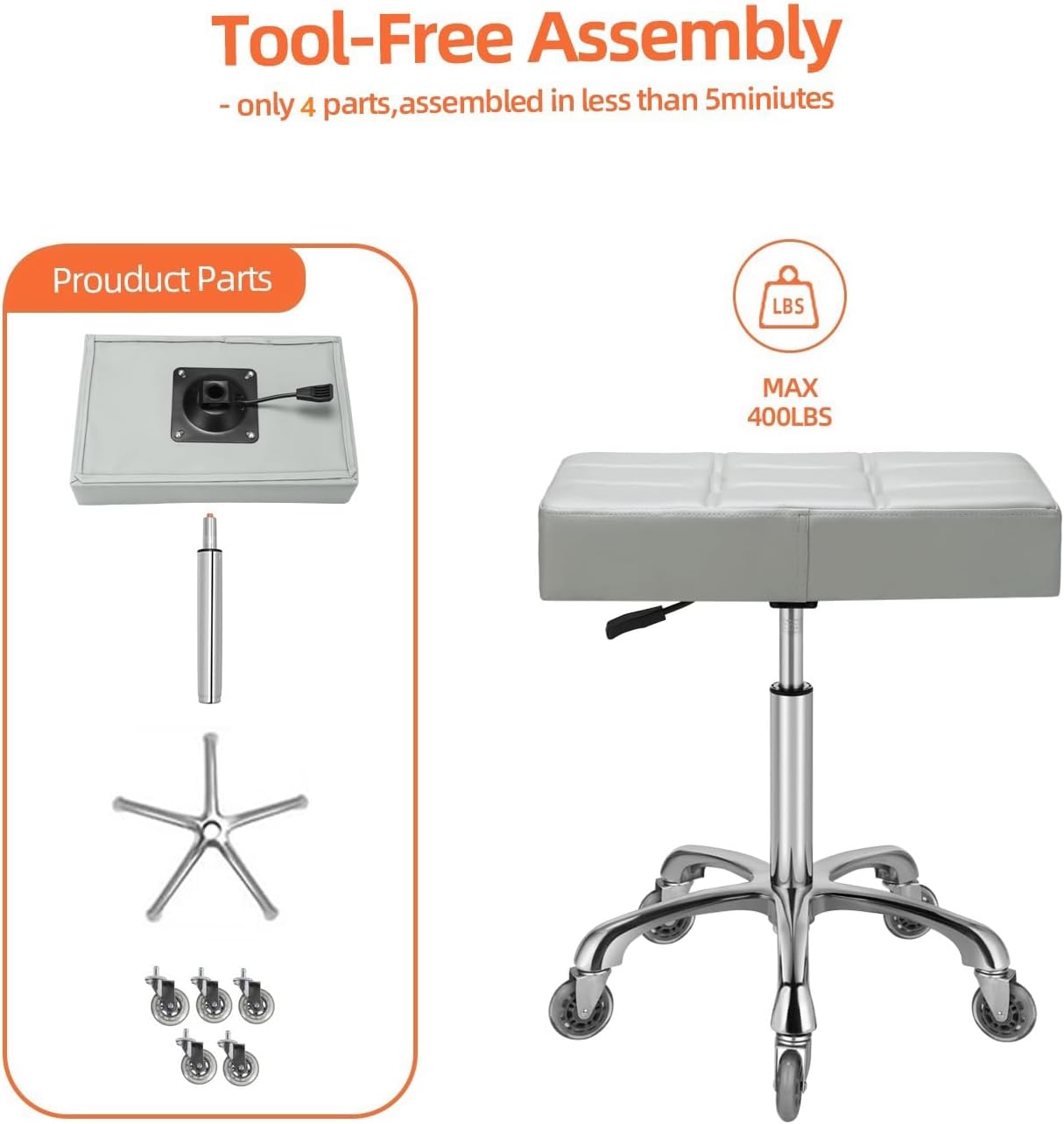 Kaleurrier Heavy Duty Stools with Wheels 400lb Backless Height Adjustable Stool - Rolling Stools Swivel Chair for Counter Bar Salon Office Home Kitchen Lab Clinic (Rolling Casters, Grey)