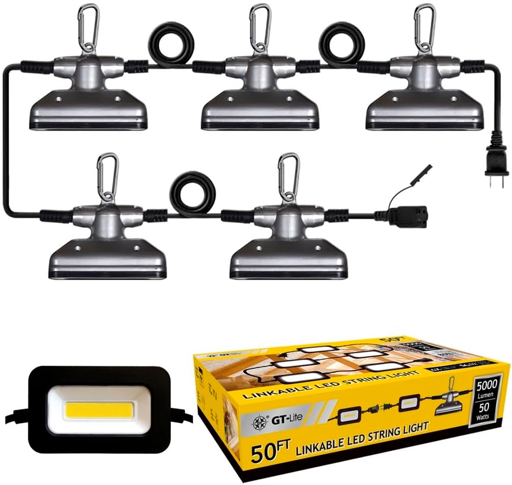 50FT LED Work Light 50W 5000 Lumen Damp Rated Construction String Lights Linkable for Jobsite Lighting, 5000k Daylight White, ETL Listed (5 Light Heads)