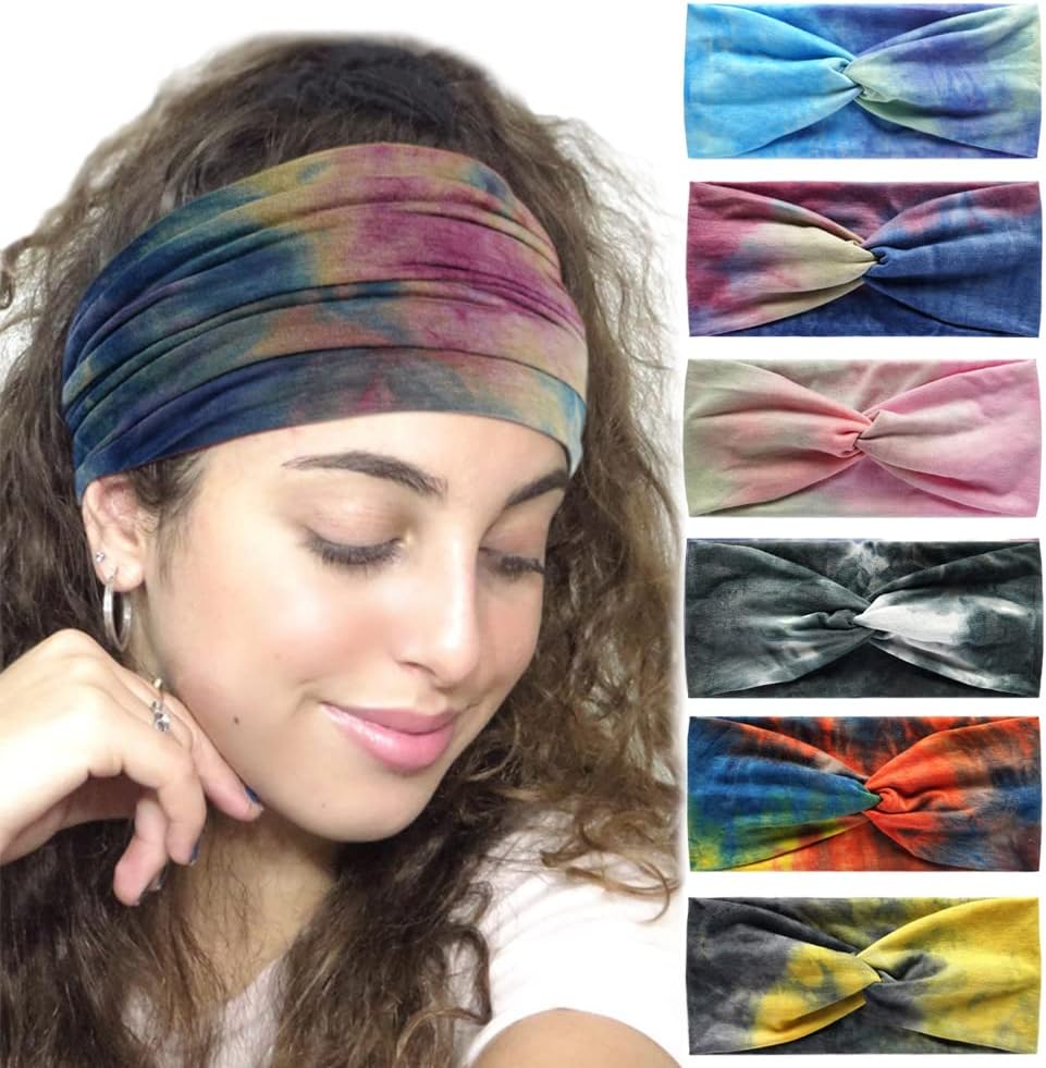6Pcs Bandana Headbands for Women Wide Wavy Headscarf Boho Head Scarfs Wraps Turban Fabric