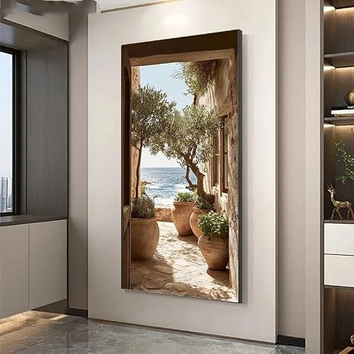LZMASM Tableau moderne sur toile, style côtier - Impression sans cadre représentant un paysage d'oliviers et la mer Méditerranée, idéal pour la décoration du salon (40 x 80 cm/sans cadre)