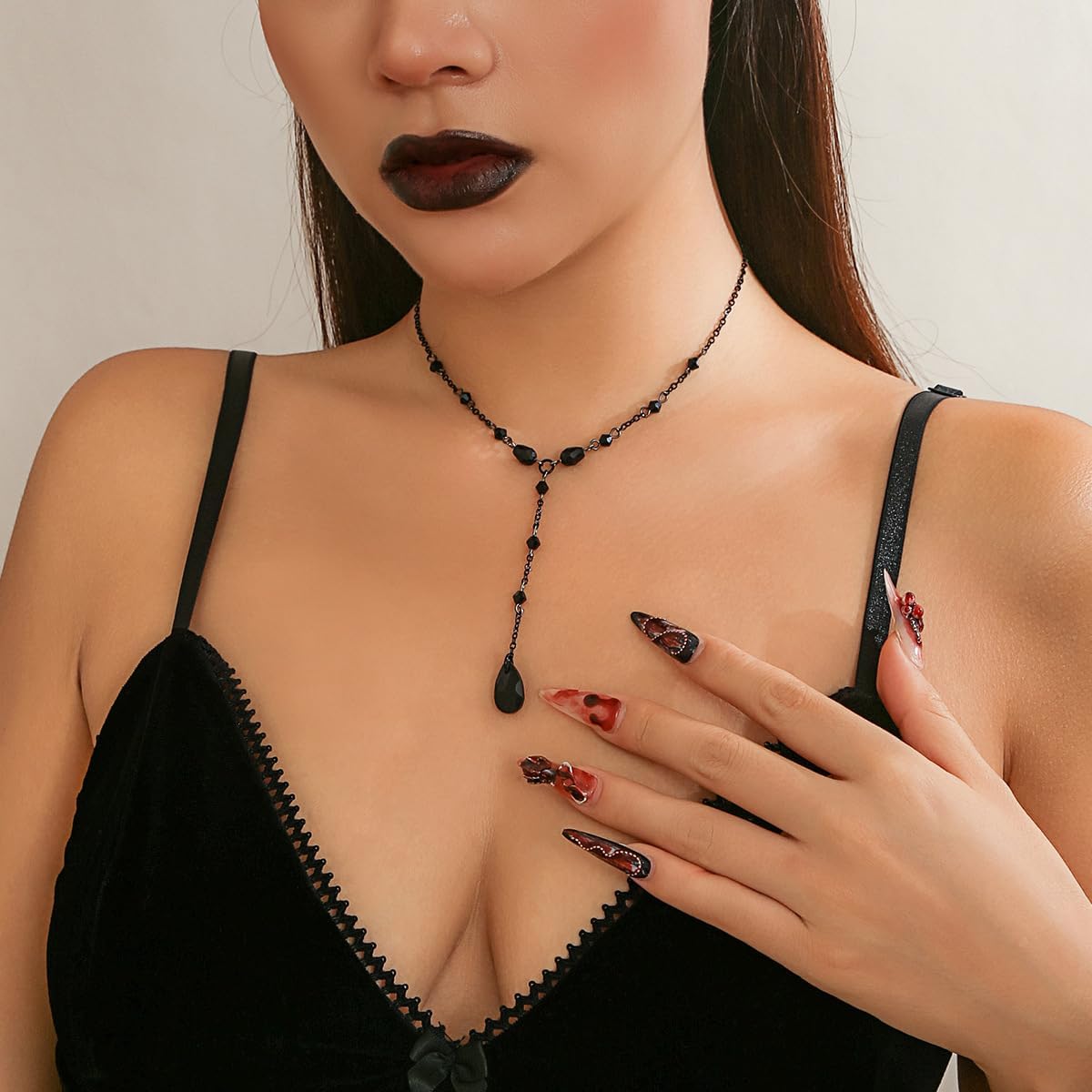 Gothic Y Necklace for Women Blood Crystal Teardrop Necklace Layered Punk Choker Halloween Jewelry - Image 2