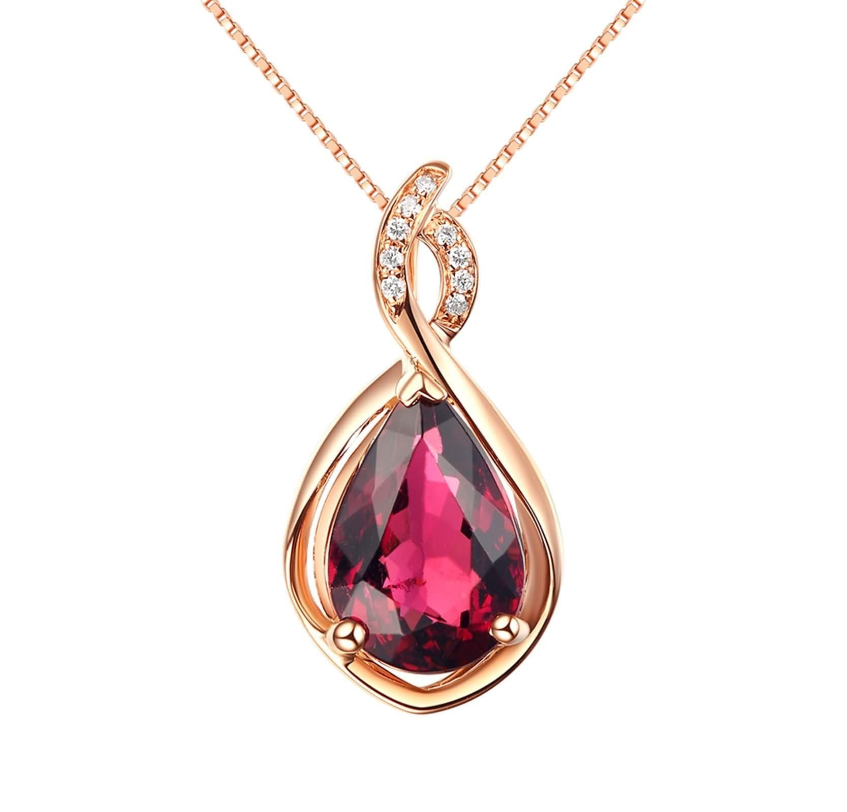 Donna Catenella per Collana Oro Rosa 9K / 14K / 18K, Goccia d'acqua con Tormalina Rossa da 1,44ct e Diamante, Collane Oro Rosa Donna