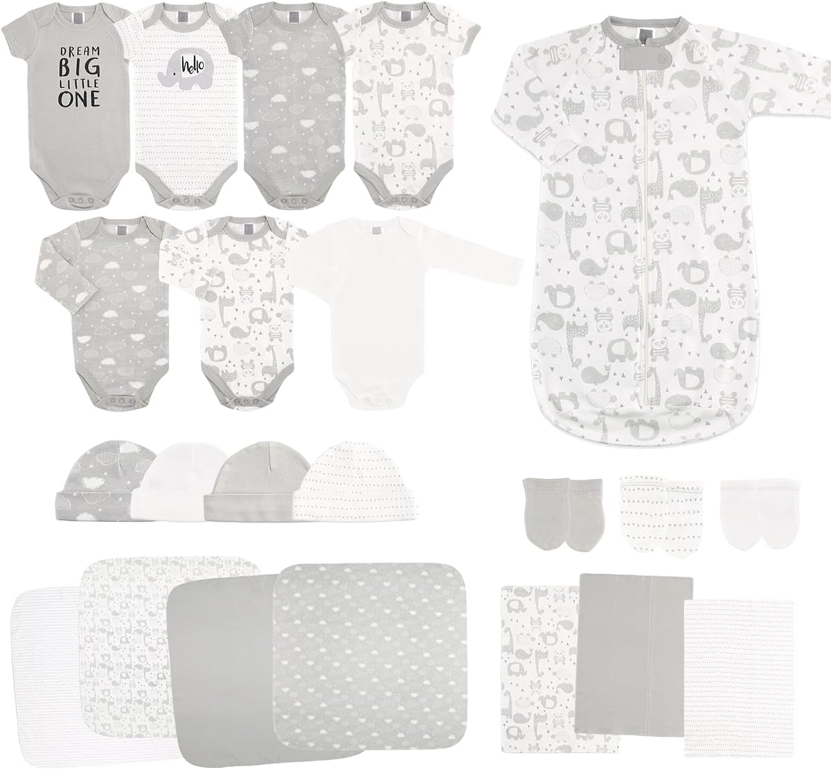 Baby Layette Gift Set for Baby Boys or Girls - 23 Piece New Born Unisex Gift Set, Clothes & Newborn Essentials Must Haves - Clothes 0-3 Months - Soft Grey