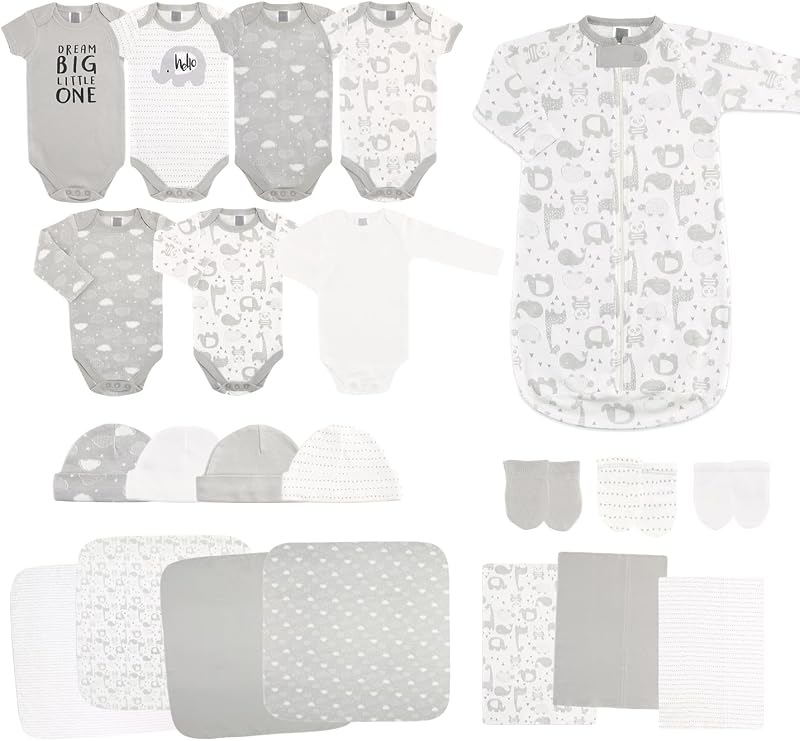Baby Layette Gift Set for Baby Boys or Girls - 23 Piece New Born Unisex Gift Set, Clothes & Newborn Essentials Must Haves - Clothes 0-3 Months - Soft Grey
