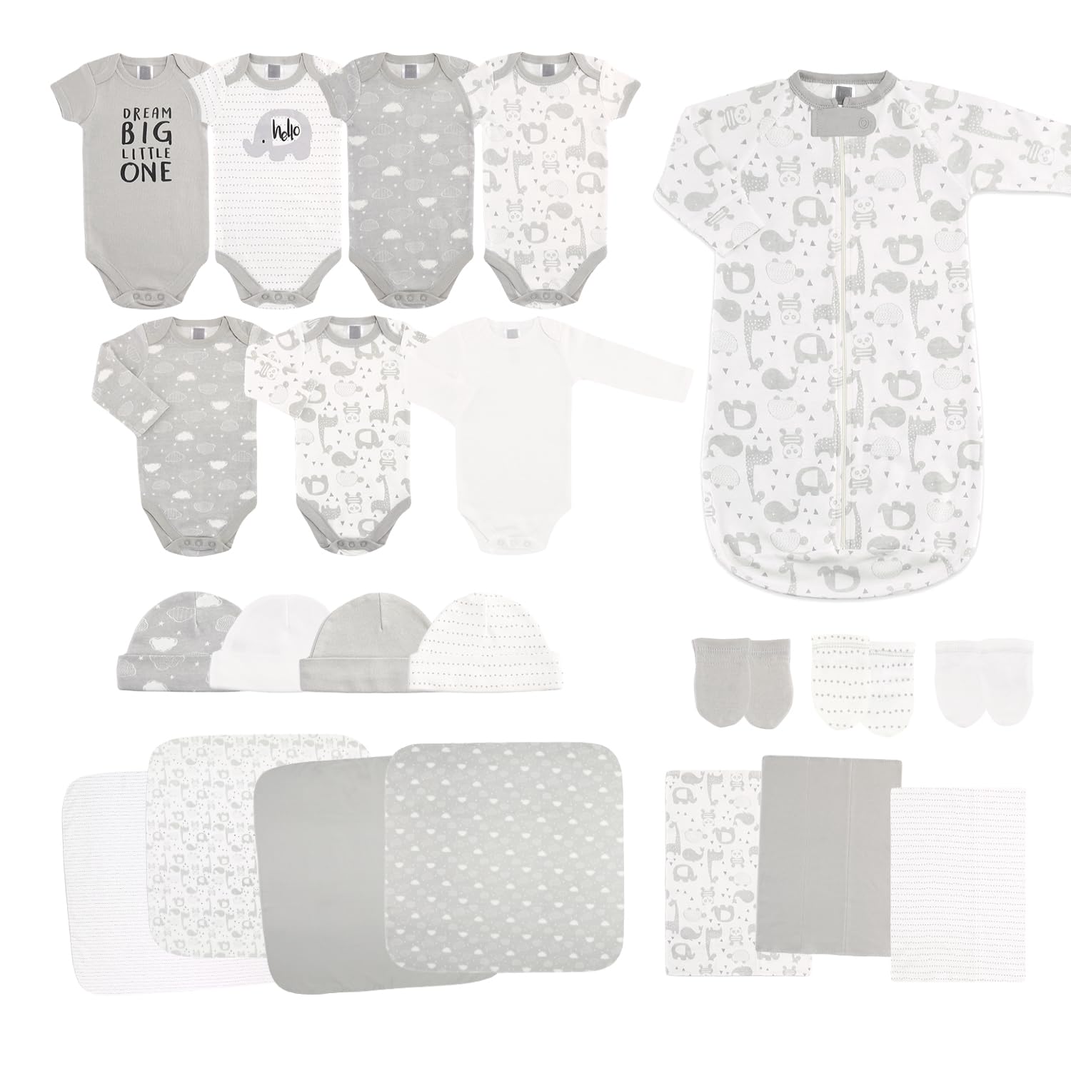 The Peanutshell Baby Layette Gift Set for Baby Boys or Girls - 23 Piece New Born Unisex Gift Set, Clothes & Newborn Essentials Must Haves - Clothes 0-3 Months - Soft Grey