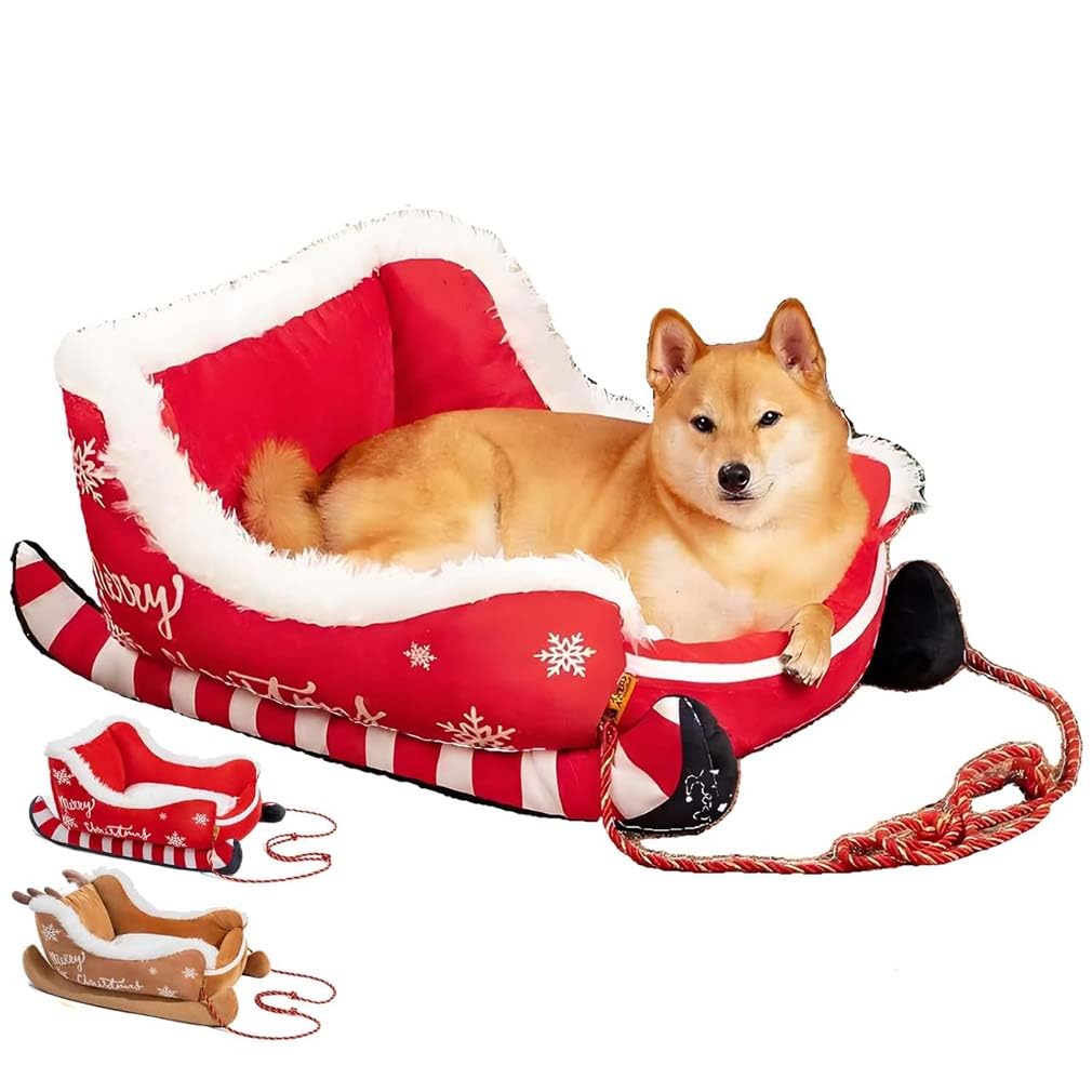 LUCKKY Festive Plush Cosy Dog Bed - Christmas Sleigh, Interesting Red Christmas Cat Dog Bed, Washable Durable Cozy Comfort, Soft Plush Pet Bed with Drawstring for Small & Large Pet (Red, S)