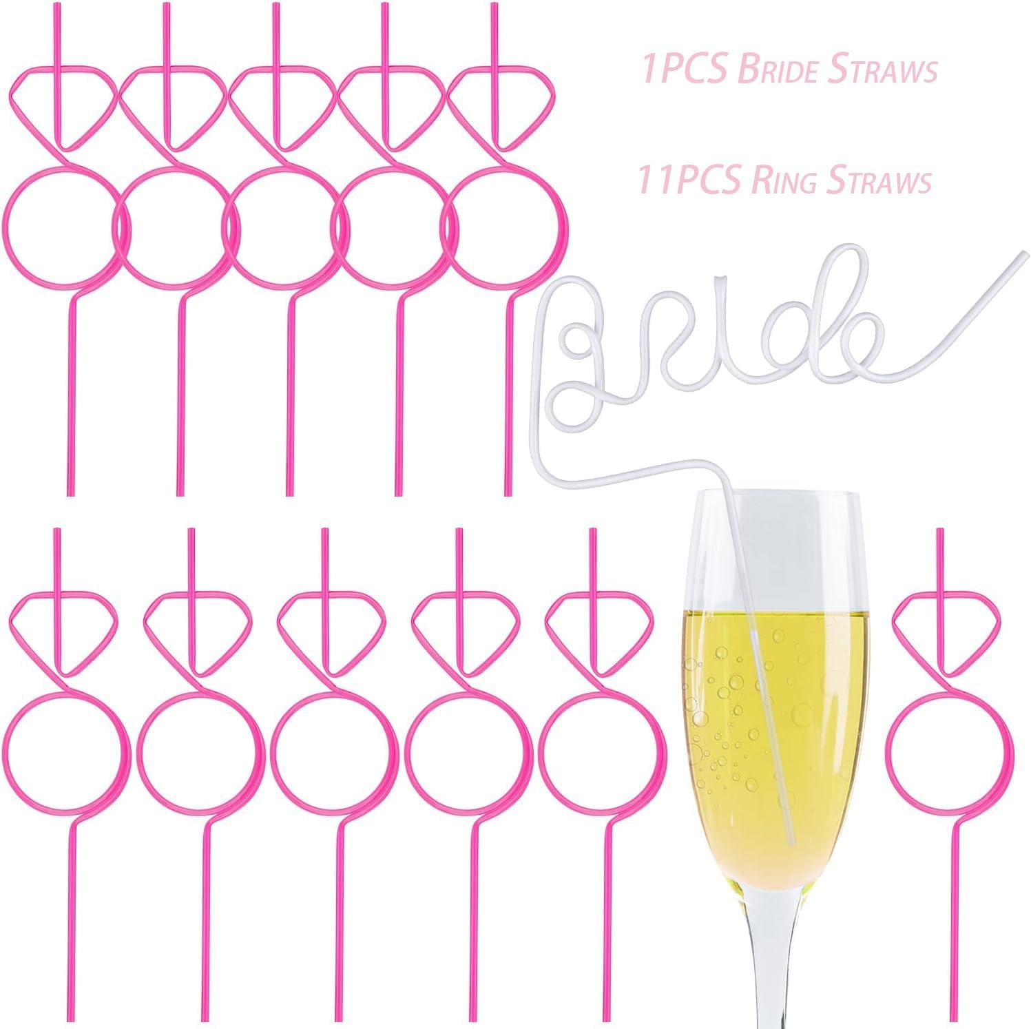 12pcs Reusable Bachelorette Party Decoration Straws, Includes 1 White Large Bride Straw,11 Pink Diamond Ring Straws, Bride party Favors Bridal Shower Wedding Engagement 12.6‘’ With 2 Brushes Diamond straws