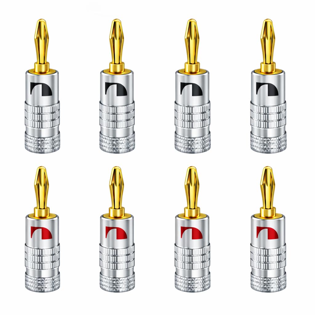 8PCS Fiche Banane 4mm pour Câble Enceinte, Fiche Banane Enceinte Connecteurs pour Enceintes Plaqués Or sans Soudure, Fiches Banane HiFi pour Haut-Parleur et Amplificateur, Banane Connecteur Audio
