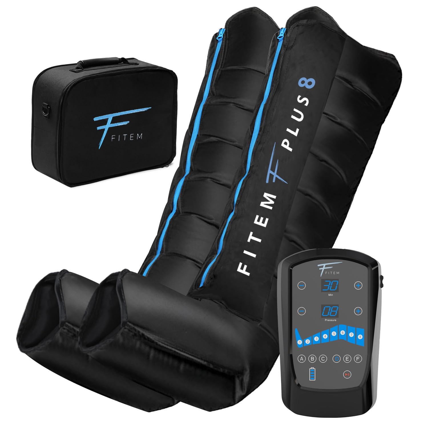 Fitem Bottes de Pressothérapie - 8 chambres, 6 modes - Massage des Jambes et pieds - Drainage lymphatique - Jambes Lourdes - Rétention d'eau - Anti-Cellulite - Récupération sportive - Garantie 2 ans