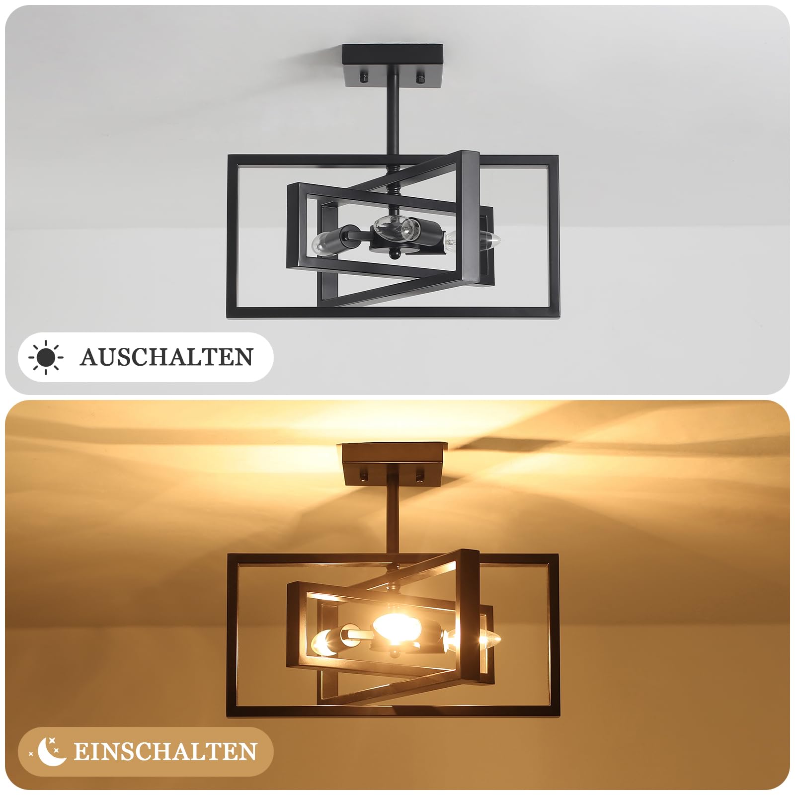 Deckenlampe Wohnzimmer Schwarz - 3 Flammig Deckenleuchte Schlafzimmer - E14 Kronleuchter Vintage Industrial für Küche, Esszimmer, Flur, Eingang