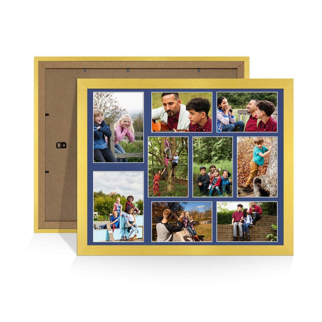Procut Global 20X16 Gold Photo Frames For Multiple Pictures with Blue Mount-Modern Collage Frame with 9 Apertures (2x) 7x5, (7x) 6x4-Engineered Wood with Shatterproof Perspex
