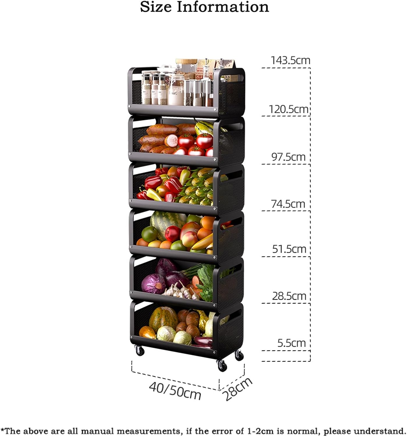 Kitchen Storage Cabinets Stackable Storage Kitchen Shelf Multi-Layer Fruit Vegetable Basket Organizer Bins with Casters Household Vegetable Shelf Storage Basket Kitchen Shelves (Color : 1-Layer, Siz
