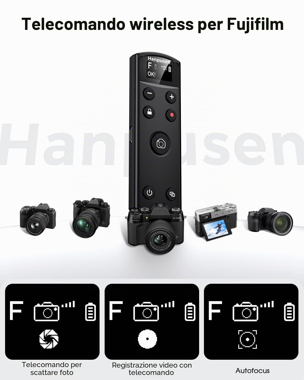 Hanpusen - Telecomando per fotocamera Fujifilm, ricaricabile, senza fili, con schermo OLED, per Fujifilm X100 VI/X-M5/X-T30 II/X-E5/X-T5/X half/X-H2S/X-T30/X-T4/X-T3/X-S20/X-S10/X-T50/X-H2