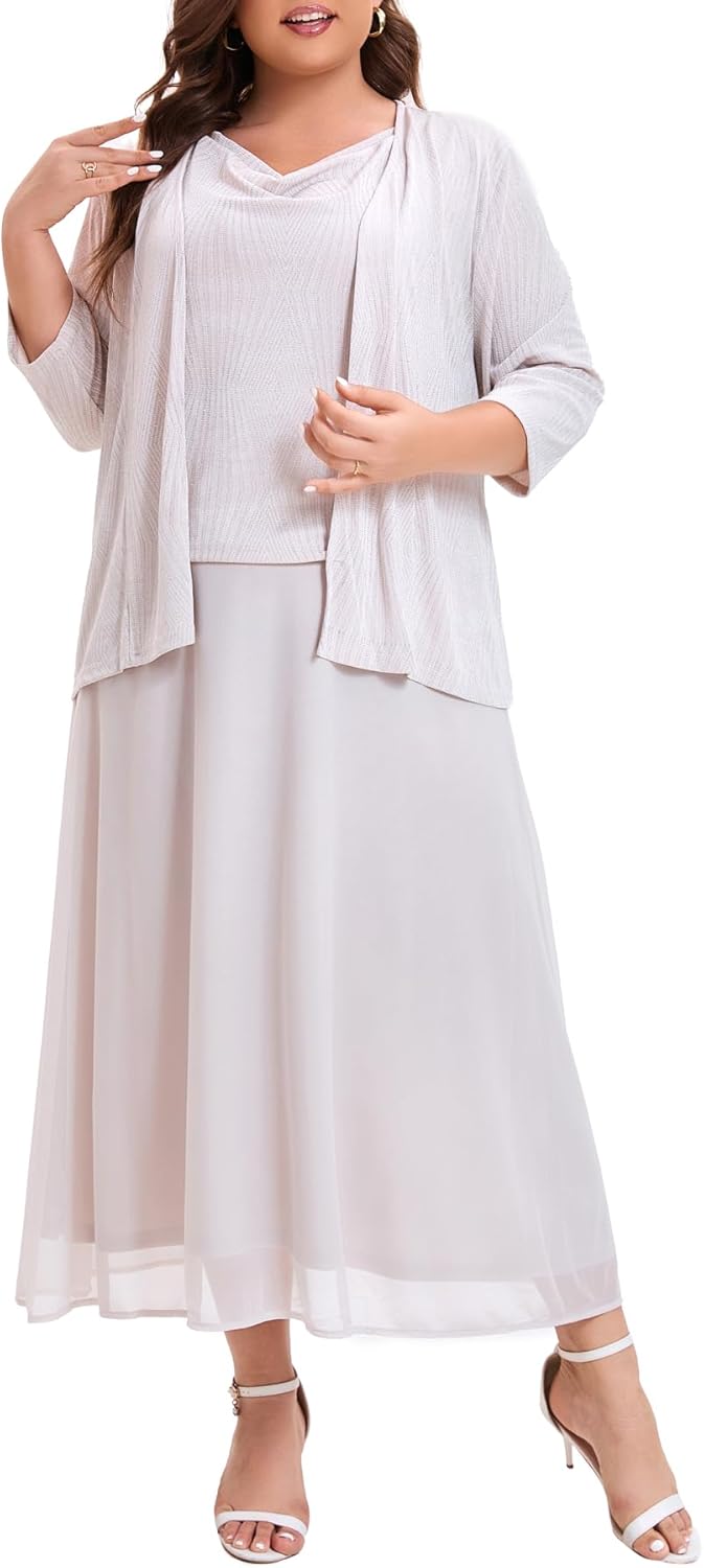 Women's Plus Size Mother of The Bride Suits Tea Length Glimmer Jacket Dress Set For...