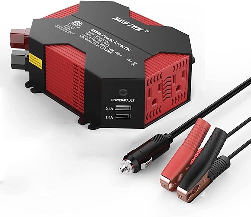 BESTEK Inversor de corriente de coche de 400 W con 2 salidas de CA y 5 A, 4 puertos de carga USB, CC 12 V a CA 110 V adaptador de coche (400 W negro