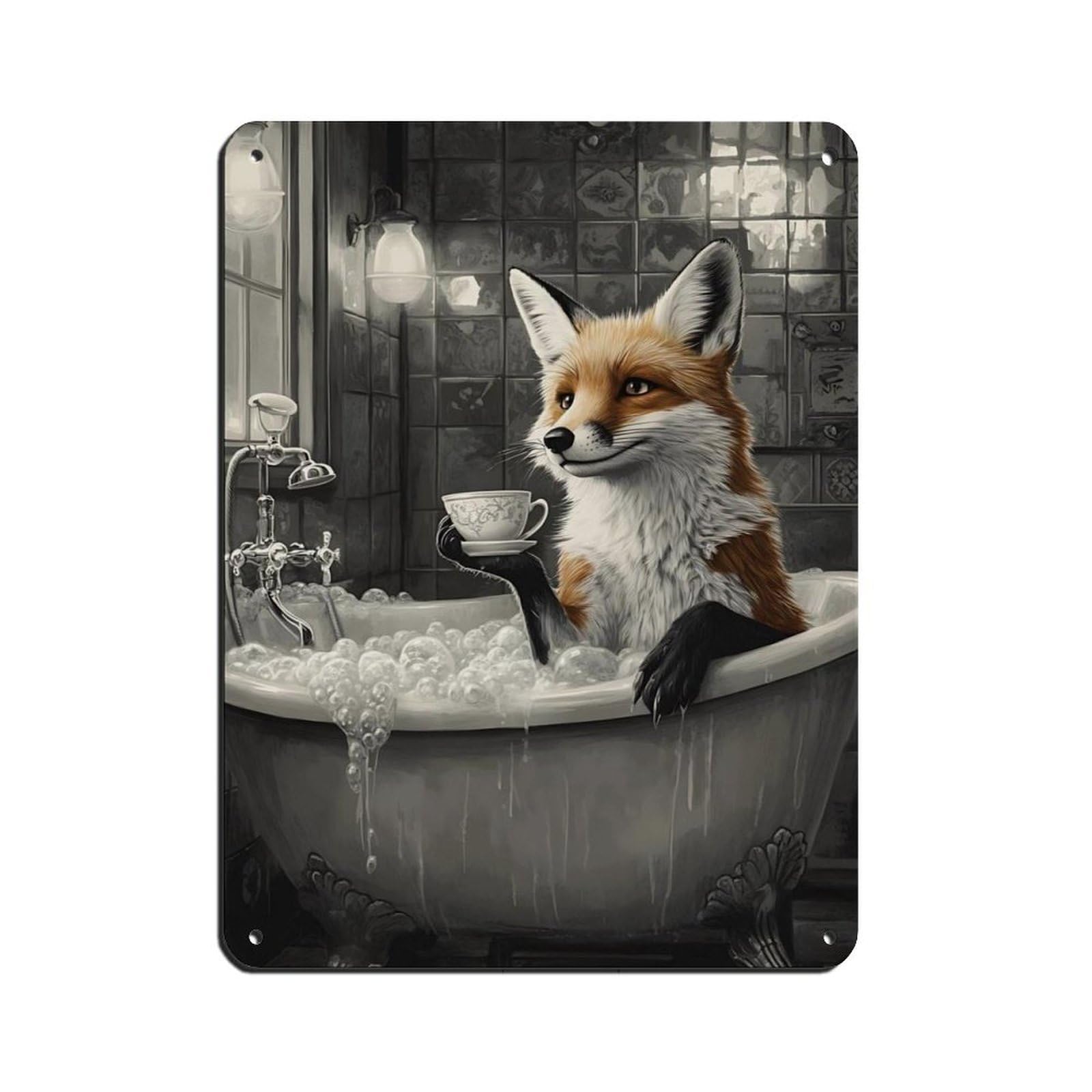 Whimsical Fox in Vintage Bathtub Tin Sign Vintage Metal Pub Club Cafe Bar Home Wall Art Decoration Poster Retro 12x16inch(30x40cm)