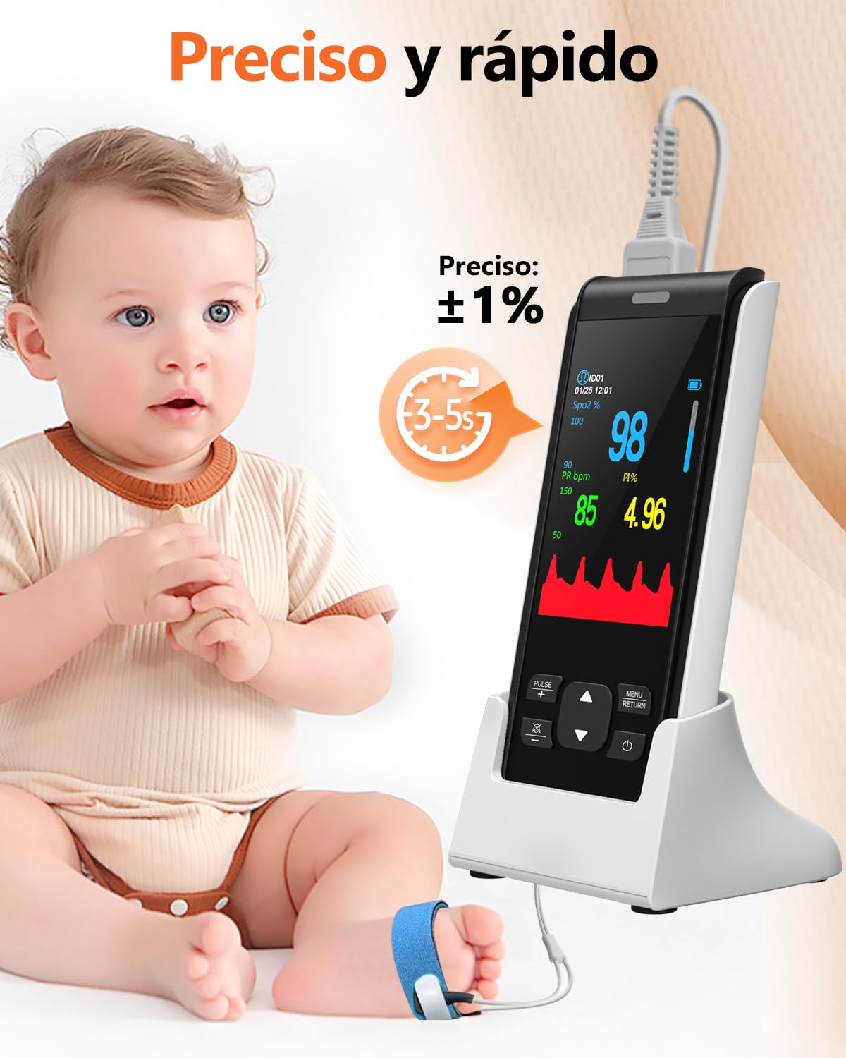 HealthTree pulsioximetro pediatrico portátil, oximetro pediatrico recargable,medidor saturacion oxigeno, Comprobar los niveles de oxígeno, la frecuencia cardíaca y el índice de perfusión