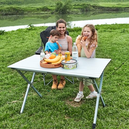 EVER ADVANCED 120X70CM Folding Camping Table with Slatted Top, Aluminium Roll Up Table Height Adjustable, Fold Up for 4-6 People, Folding with Carrying Bag for Picnic Garden BBQ, Sliver - Image 2