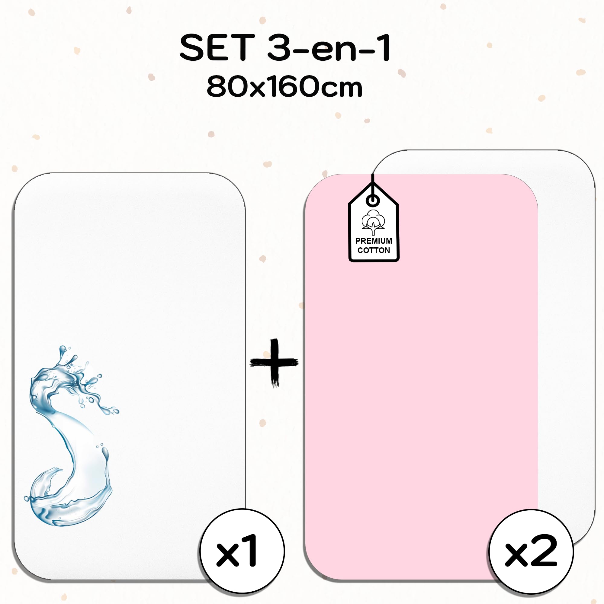 2 Lenzuola 80 x 160 cm con Angoli 100% Cotone + 1 Coprimaterasso Impermeabile - Biancheria per Lettino - Oeko-Tex- Compatibile con Letto Montessori (Bianco/Rosa, 80 x 160 cm)