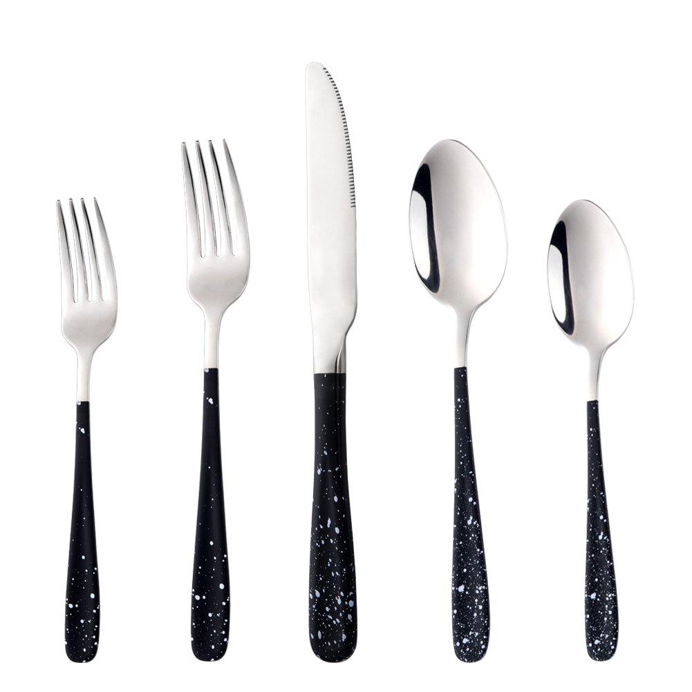 Bisda 5-Piece Stainless Steel 18/10 Flatware Placing Setting with Black Handle and White Dots, Dishwasher Safe