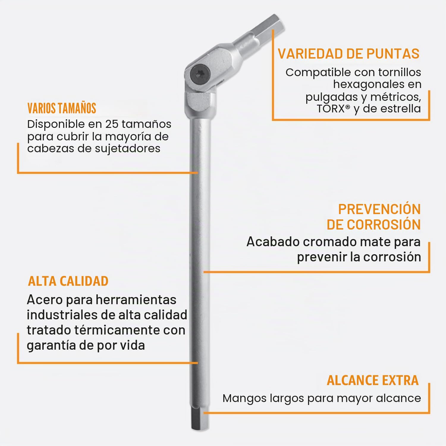 Bondhus 08-0420 00010 HEX-PRO Juego de llaves de cabeza pivotante, incluye tamaños: 3, 4, 5, 6, 8 y 10 mm, cromado