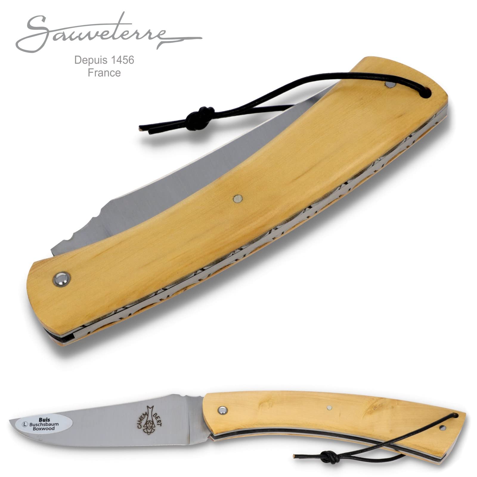 Sauveterre Le Camembert Taschenmesser - 11 cm Griff Buchsbaum Plein Manche - verzierte Platine - Klinge matt - Messer Frankreich