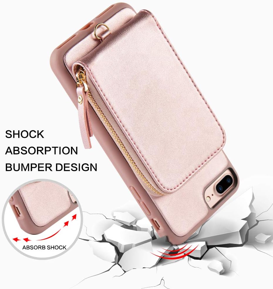 iPhone 8 Plus Wallet Case, JLFCH iPhone 7 Plus Wallet Zipper Case Leather with Card Slot Holder Zipper Closure Lanyard Purse Wrist Strap Handbag Back Cover for Apple iPhone 7/8 Plus 5.5 - Rose Gold