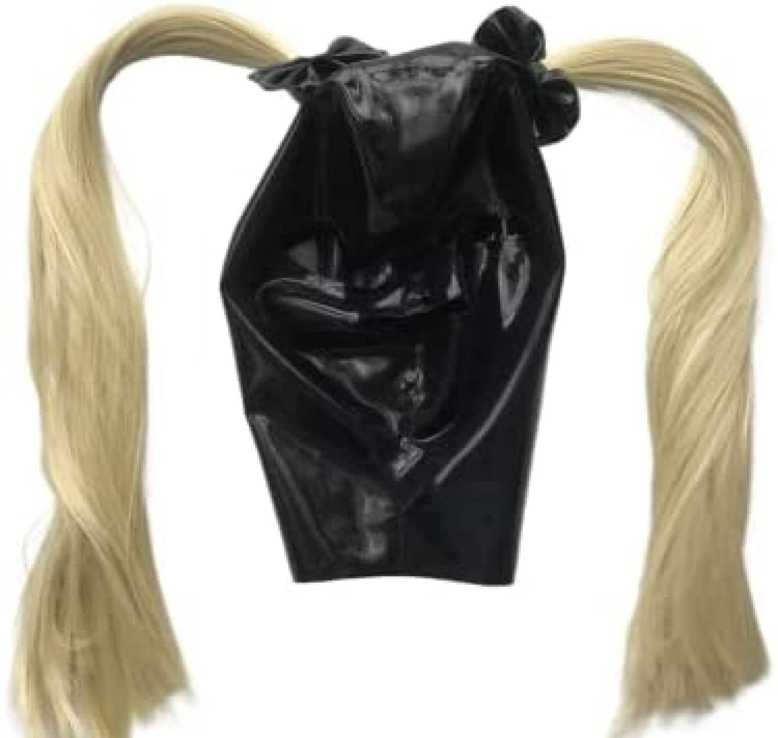 Sexy Schwarze Latex-Fetisch-Kapuzen-Gummimaske Mit Doppeltem Pferdeschwanz-Schleifen-Reißverschluss,Schwarz Mit Perücke,X-Small