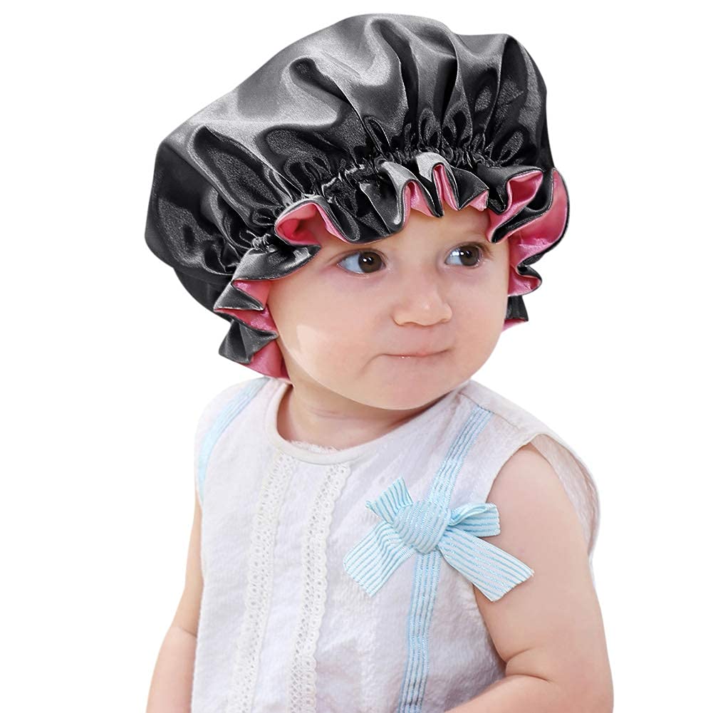 Kids Satin Bonnet Sleeping Cap, Adjustable Sleep Bonnet with Drawstring, Reversible Night Caps for 0-3 Years Old Kids/Child/Baby/Toddler (Double Layer Watermelon Red/Black)