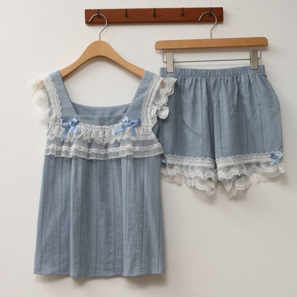 SNPP Pigiama da Donna in Due Pezzi,Soft Loungewear, Pigiama da Donna Vivace E Carino in Due Pezzi, Bretelle con Collo Quadrato in Pizzo Blu E Pantaloncini da Notte in Cotone, Regali per Le Donne