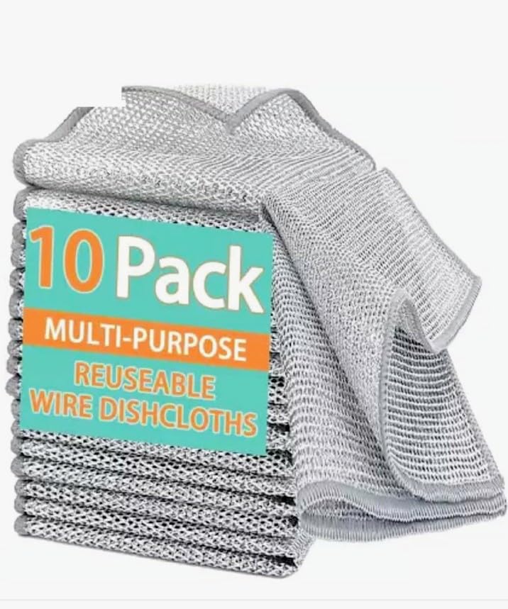 Multipurpose Wire Dishwashing Rags, Non-Scratch Stainless Steel Wire Dish Cloth, Reusable Wet & Dry Cleaning Scrubber for Dishes, Sinks, Counters, Kitchen Cleaning Cloth, Machine Washable, Pack of 10-picture-24