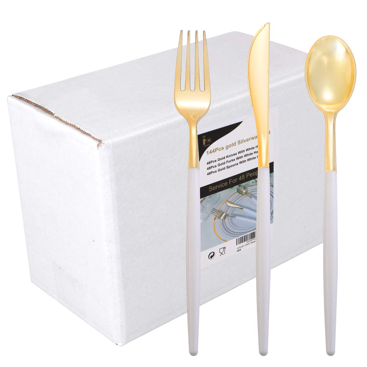 144Pcs Gold Plastic Silverware, Gold Plastic Utensils Set,Disposable Utensils Heavy Duty,Disposable Silverware Set Includes 48 Forks,48 Knives,48 Spoons for Wedding & Party