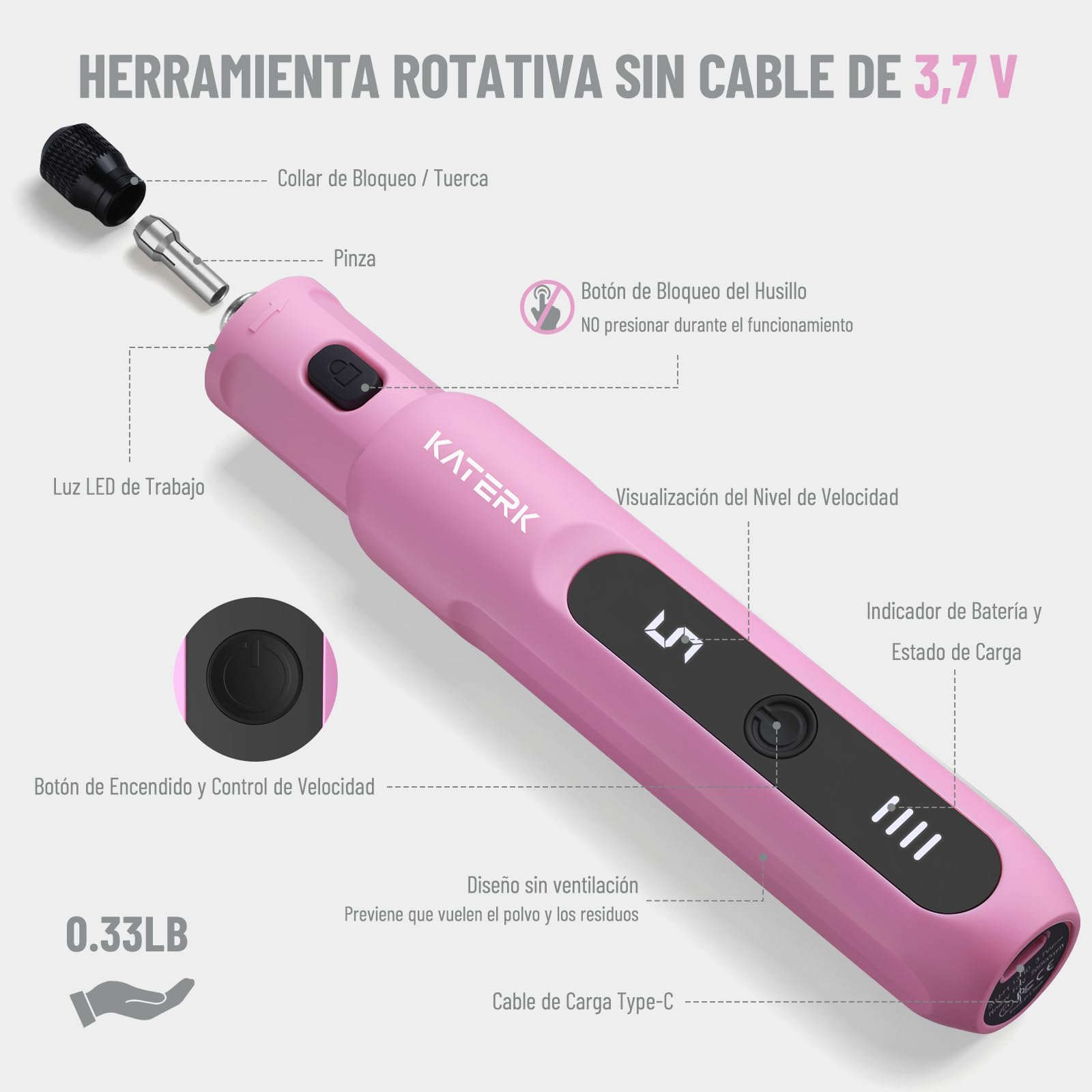 Katerk Kit de Herramientas de Amoladora, 5 Velocidades Herramienta Rotativa, 5000-20000RPM, Batería 2500mAh, 3.7V Mini Amoladora Eléctrica con 70 Accesorios para Grabar,Taladrar,Cortar, Esmerilar-Rosa
