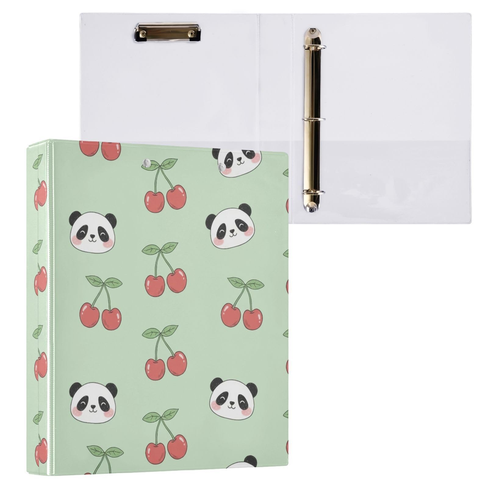 Carpeta de 3 anillas, lindo panda rojo cerezas pastel carpeta de anillos D, paquete de 2 | Con portapapeles y bolsillos, para escuela, universidad, oficina