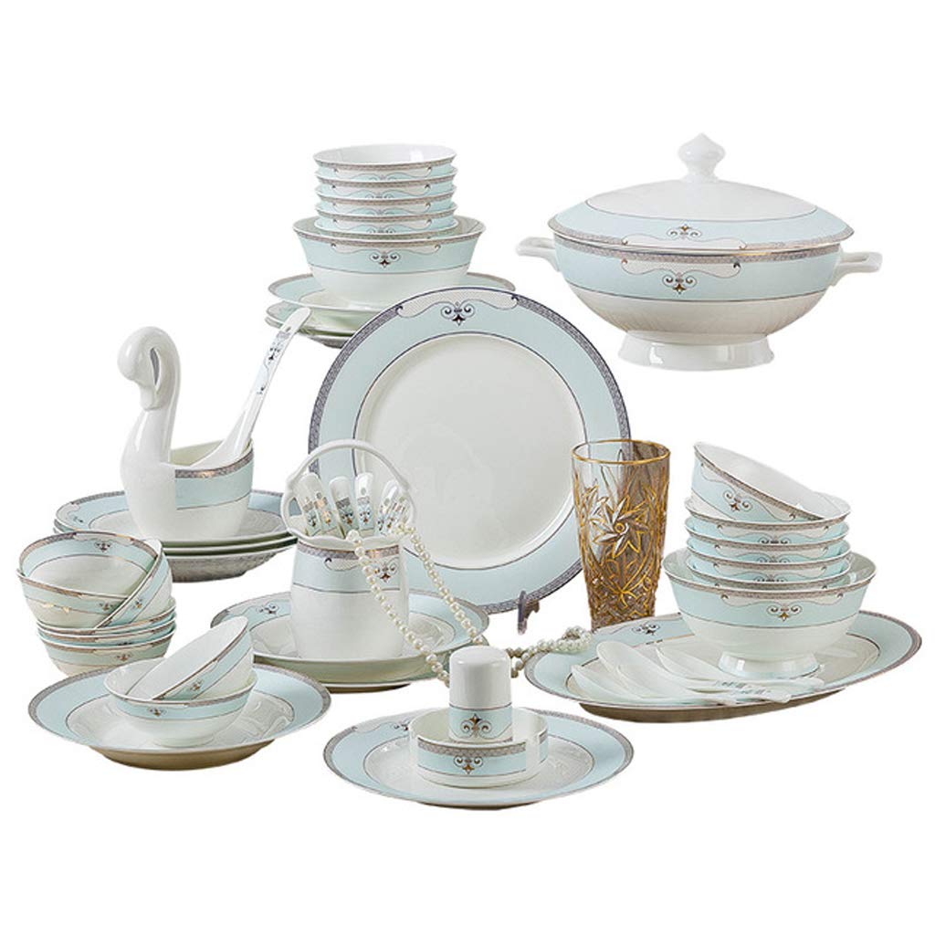 AMINSHAP 60-Piece Dinner Combi-Set, China Ceramic Cream White Dinner Combi-Set of Dessert Plates Soup Plates Dinner Plates & Saucers Set Service for 12(Blue)