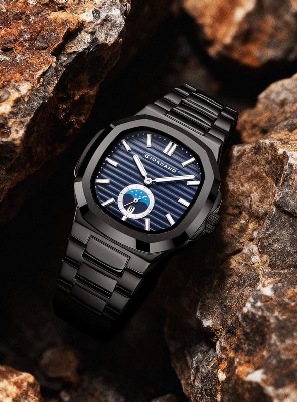 Image of Giordano Analog Watch for Men - Classic Moon Phase Design with Textured Dial, Durable Stainless Steel Strap, and Date Display